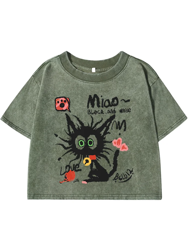 Fried Black Cat Printing Female Washed Short T-Shirt Fashion Casual Tshirt Street Hip Hop Tops Summer Retro Distress Clothes