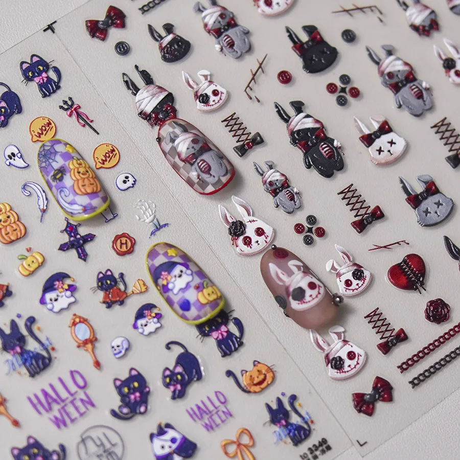 1pcs 5D Cartoon Cat Rabbit Nail Art Sticker Kawaii Adhesive Cute Relief Halloween Series Manicure Decals Decorations Accessories