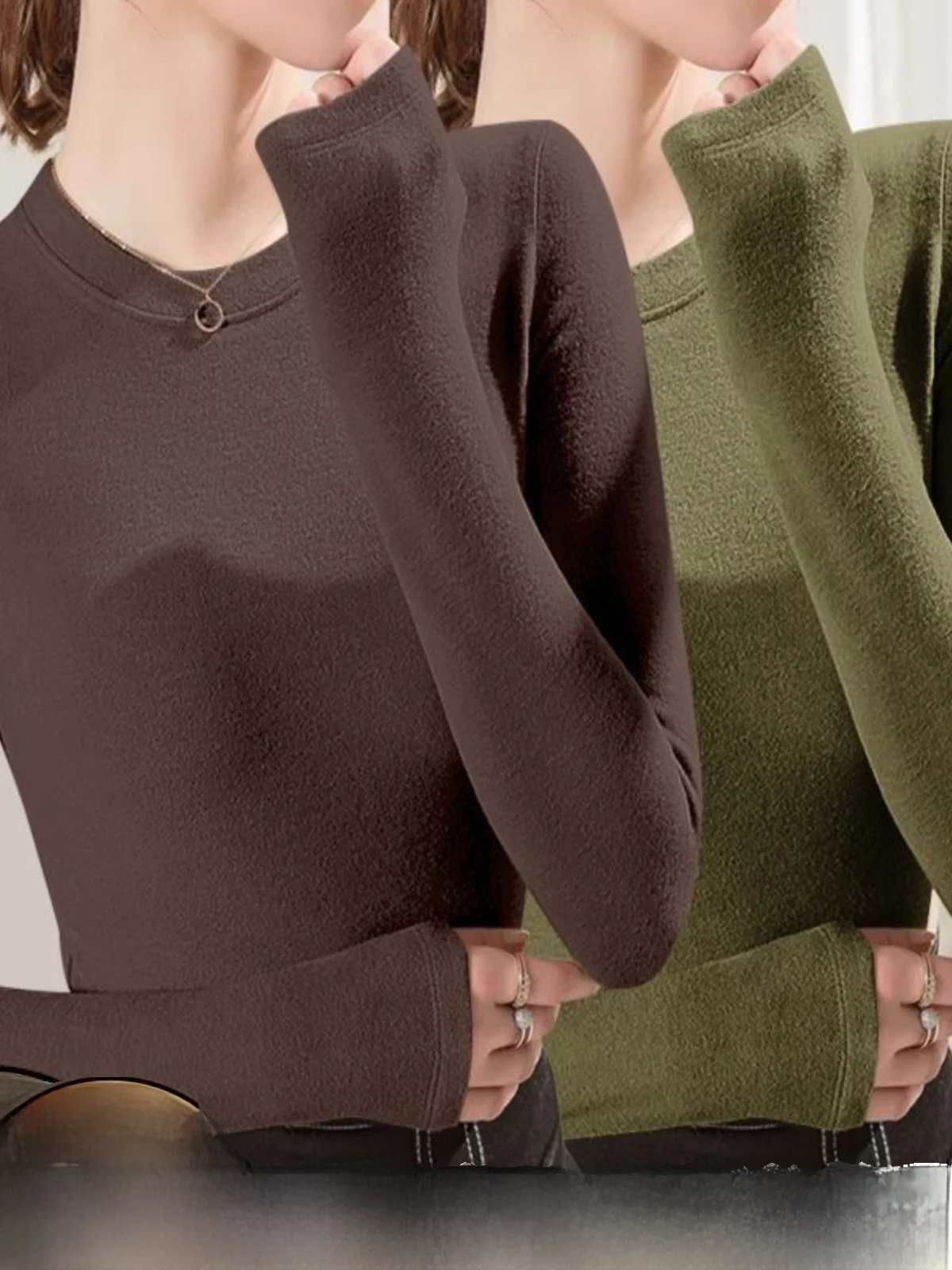 Double-Sided Velvet Long Sleeve round Neck Base Shirt Women's Top Commute Style Thickened Winter T-Shirt Single Two-Piece Set