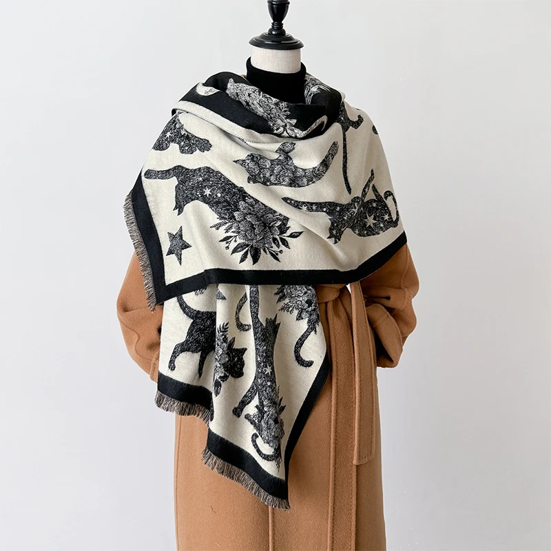 

New Animal Design Winter Astral Cat Cashmere Jacquard Scarves High Quality Women Thicken Wrap Shawl Ladies Wool Pashmina Scarf