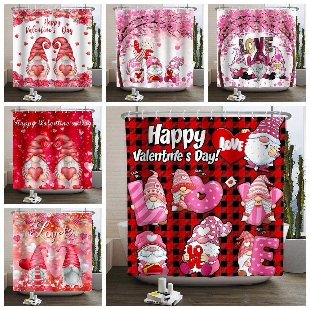 Valentine's Day Dwarf Shower Curtain St. Patrick's Day Easter Red Heart Balloon Leaf Rose Bath Curtain Waterproof Bathtub Screen