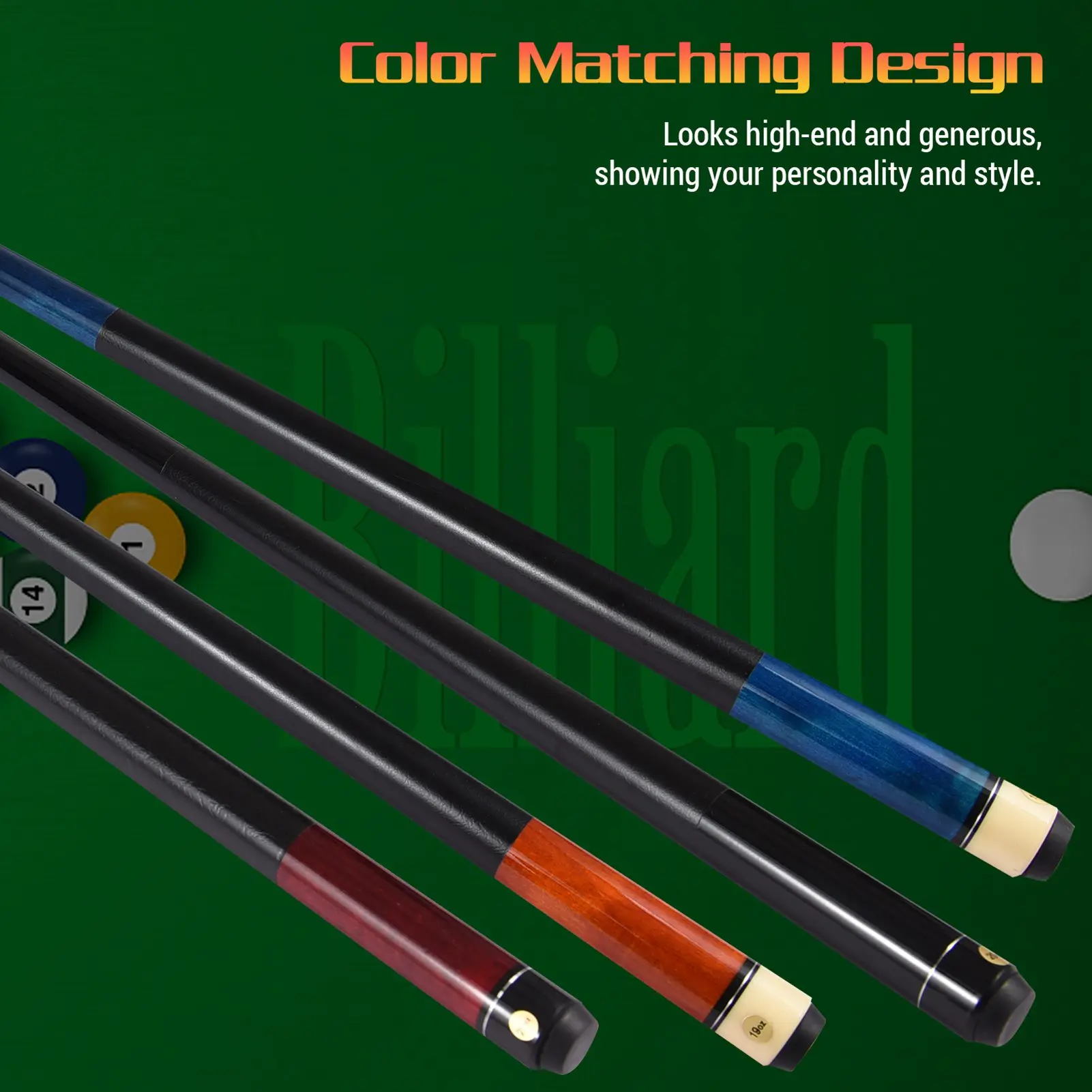1.50m/59in High-End Pool Cue Maple Double-Section Billiard Design 13MM Big Head PU Leather Grip Sweat-Proof