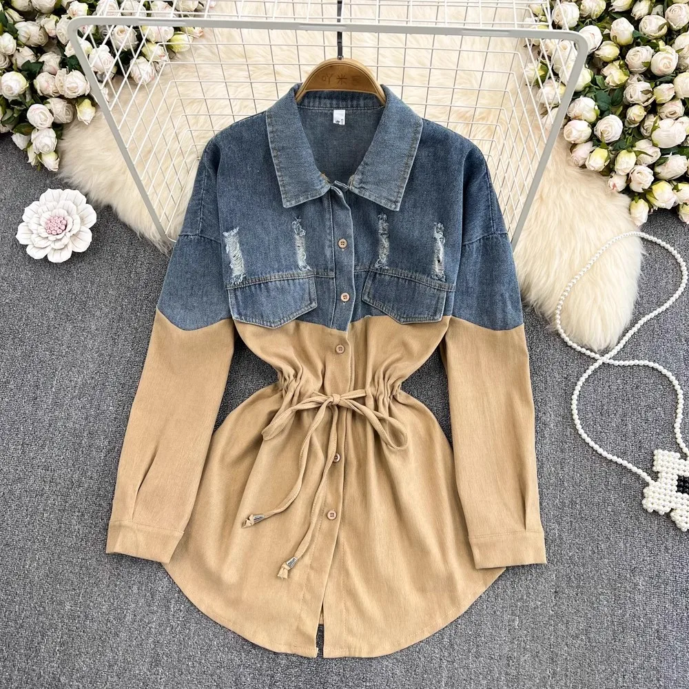 New Fashion Casual Women Spring Shirts Tops Vintage Patchwork Elegant Party Birthday Denim Blouses Female Streetwear Clothings