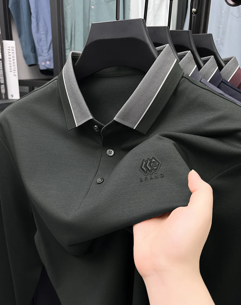 Brand embossed men's long sleeved fashion polo shirt spring autumn silky smooth comfort trend color blocked lapel casual T-shirt