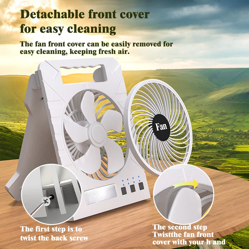 

Солнечный вентилятор — портативный, двойная зарядка USB/type-c, со светодиодной подсветкой и блоком питания, подходит для приключений на открытом воздухе, дикого кемпинга.