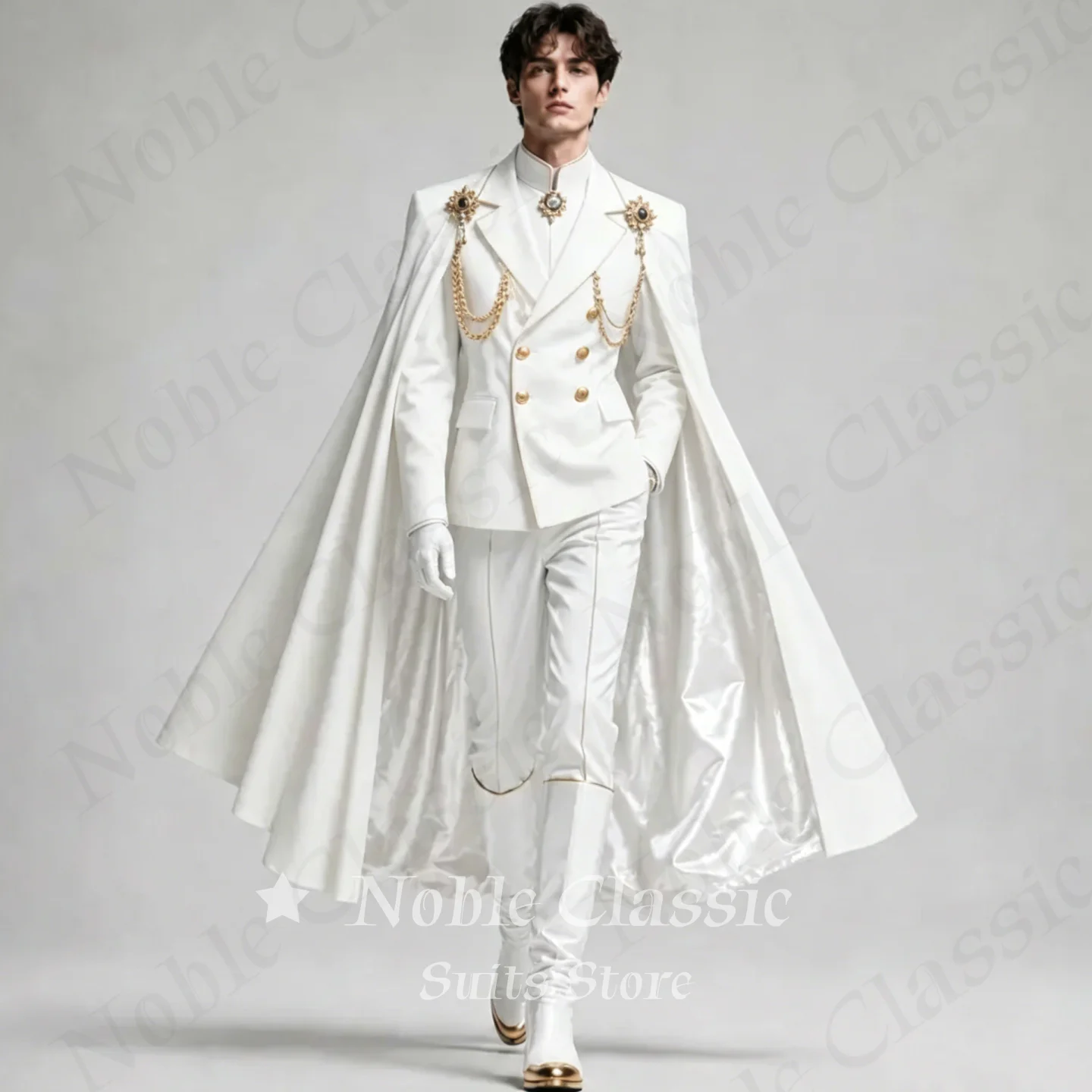 White 2 Pieces Suit Double Breasted Men Royal Cape Gold Chain Embellished Medieval Prince Blazer Pants Wedding Groom Customized