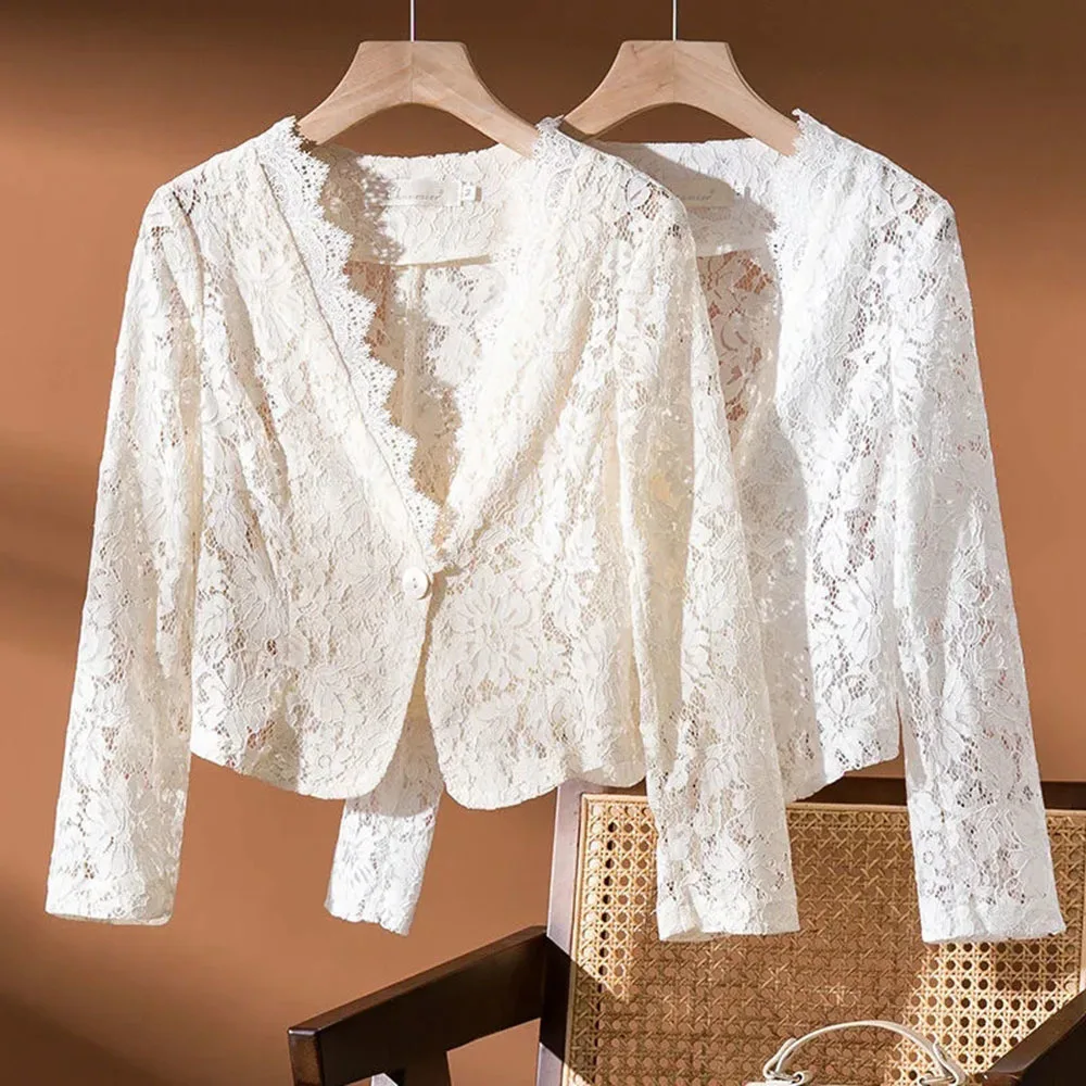 

2024 New Fashion Hollow Jacket For Women Sexy Lace Thin Short Coat Ladies Spring/Summer One Button White V-neck Cardigan Tops