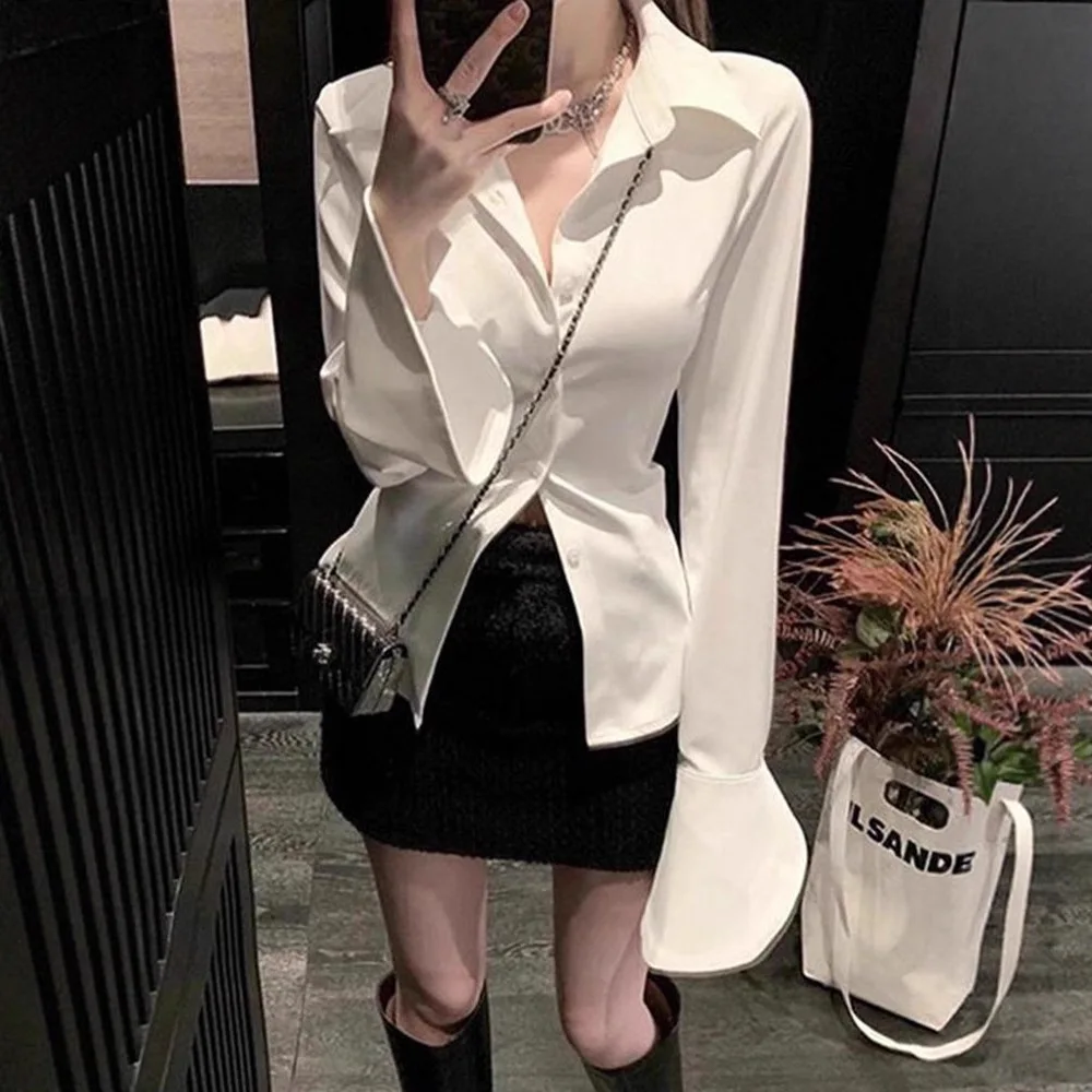 

Women's French Style Stunning Cinched Waist Top Spring New Mature Elegant Inner Wear Niche Design White Long Sleeve Shirt