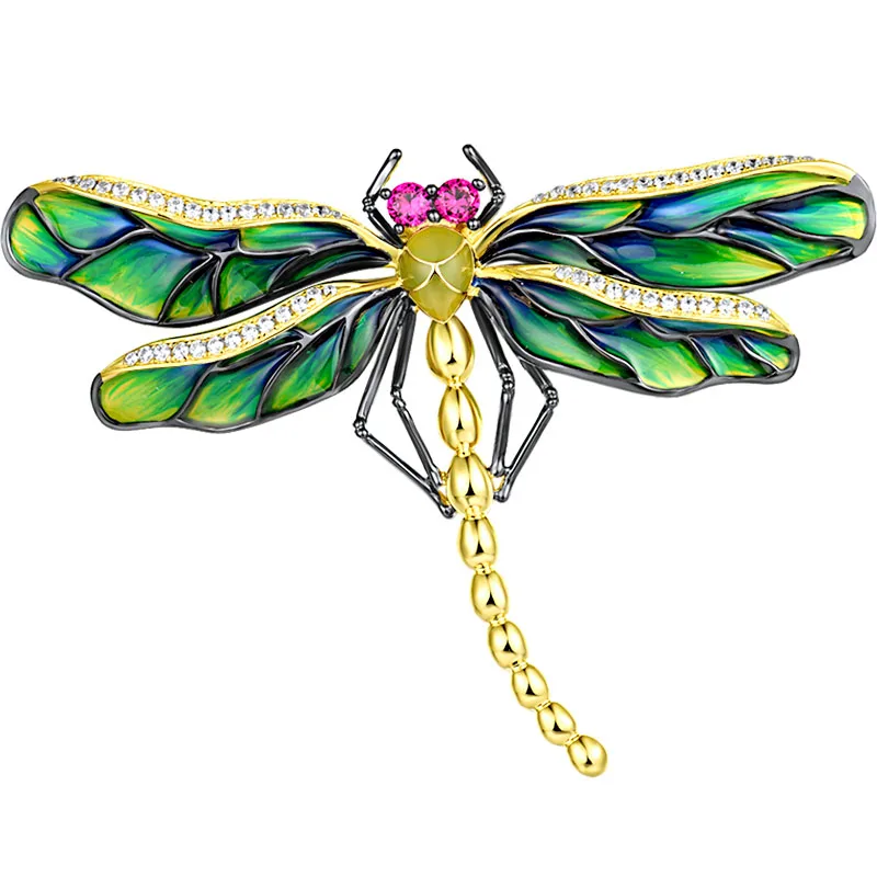 SANTUZZA Pure 925 Sterling Silver Brooch For Women Sparkling White CZ Created Ruby Green Enamel Dragonfly Lovely Fine Jewelry