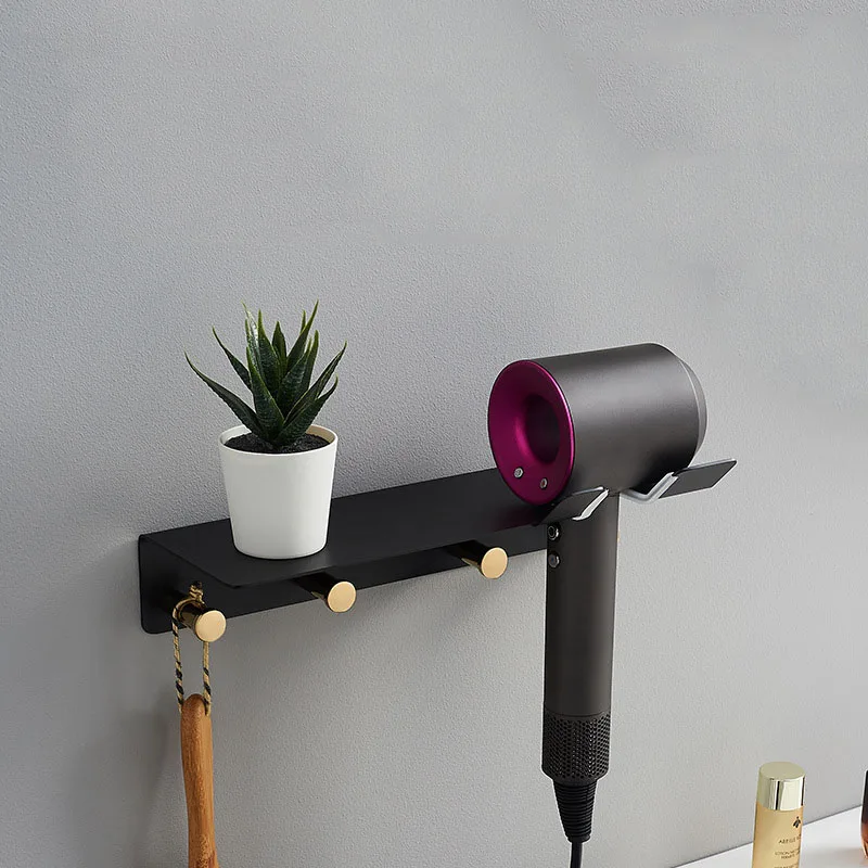 Imagem -05 - Escovado Ouro Latão Secador de Cabelo do Banheiro Rack Suporte do Secador de Sopro Prateleira de Banho de Parede Acessórios Domésticos