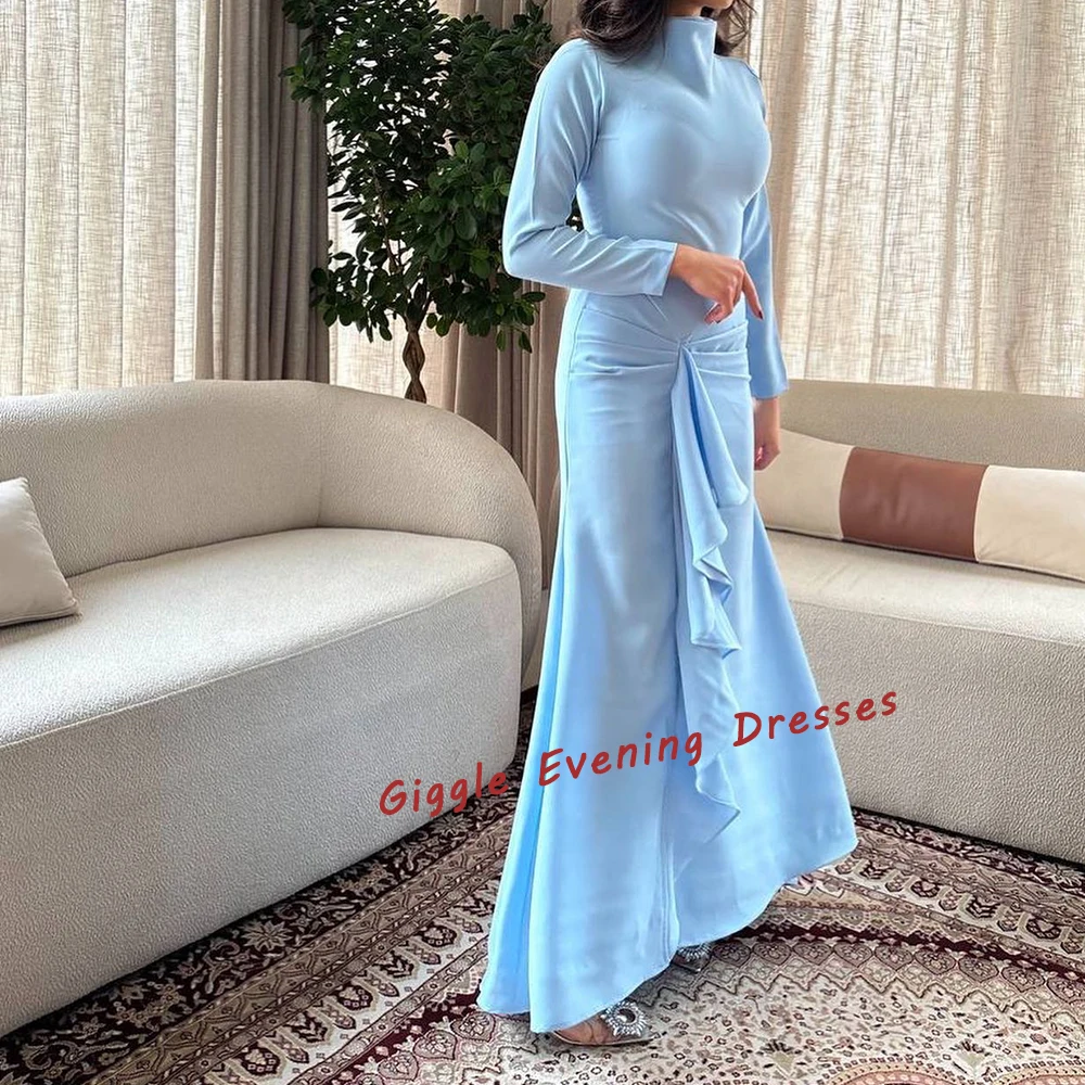 Giggle Crepe Mermaid Elegance Simple Pleat Prom Gown Saudi Arab Floor Length High Necking Formal Evening Party Dresses for Women