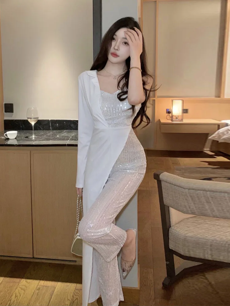 Summer Sequined Women'S Bodycon Jumpsuit Sexy One-Shoulder Long-Sleeved Diamond Patchwork Party Jumpsuit