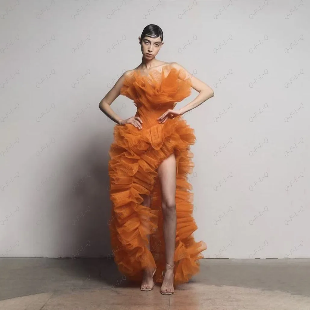 Gorgeous Structured Prom Dress Off Shoulder Sleeveless Orange Prom Gowns Sexy Long Pleated Organza Party Dresses Side Split