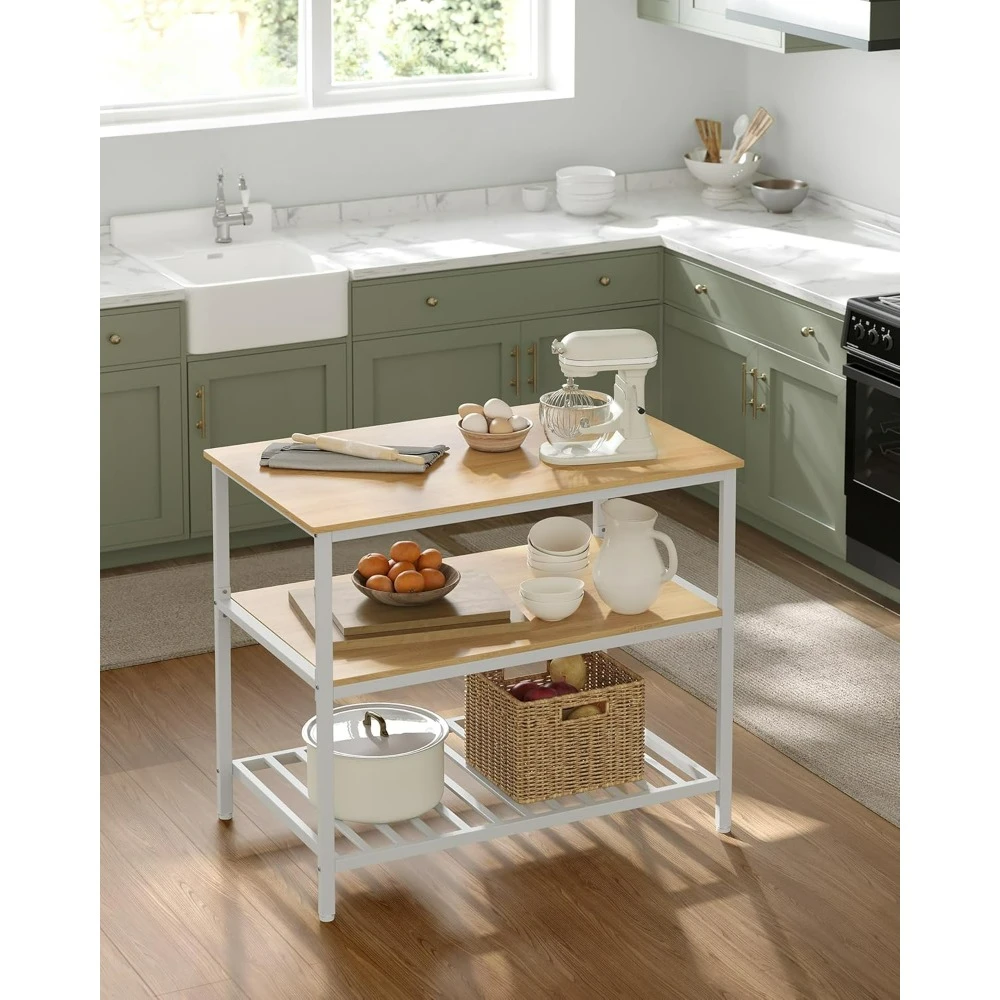 

Kitchen Island, Kitchen Shelf with Large Worktop, Stable Steel Structure, Industrial, Easy To Assemble, 3-Tier Storage