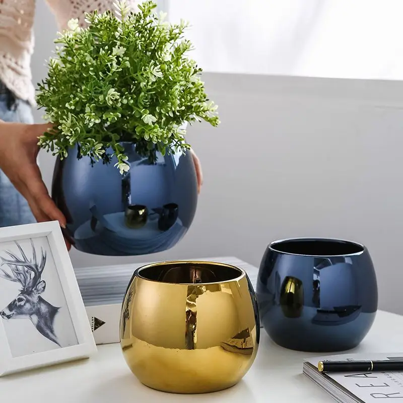 Nordic Light Luxury Ceramic Flower Pot Grass Flowers Vases Decorative Household Office Table Ornaments Organizer Gold Decor