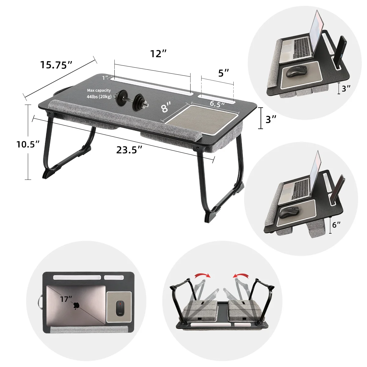 

Customizable Portable Bed Table For Folding With Foldable Cushion,Handle,Slot And Mouse Pad, Wooden Gaming Desk