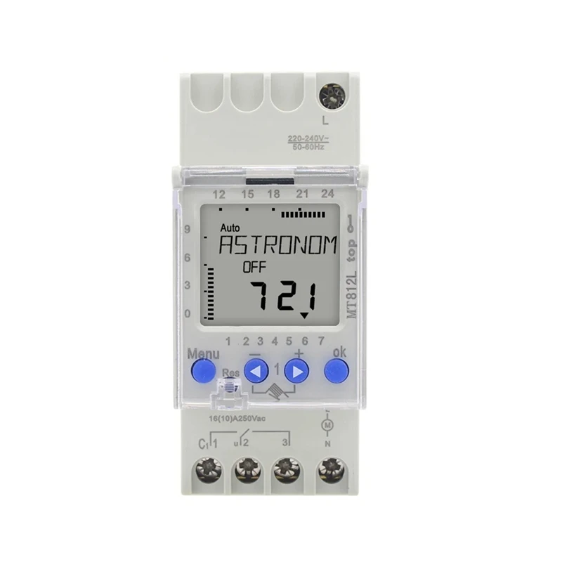 MT812L ดาราศาสตร์ Chronometer Switch 16A 1 ช่อง 7 วัน LCD Digital Timing Control Switch การติดตั้งราง DIN