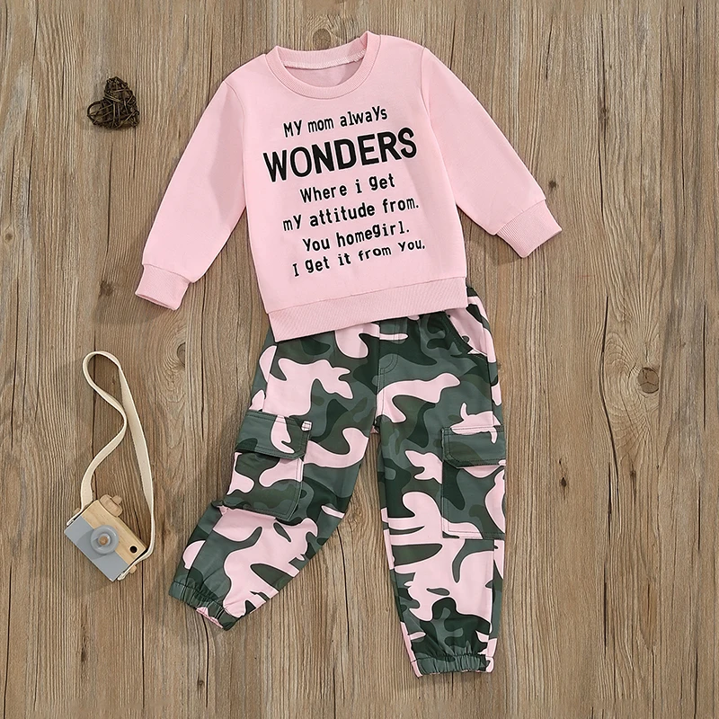 Girls 2-Piece Autumn Outfit with Long Sleeve O Neck Top and Camouflage Pants Featuring Letter Print