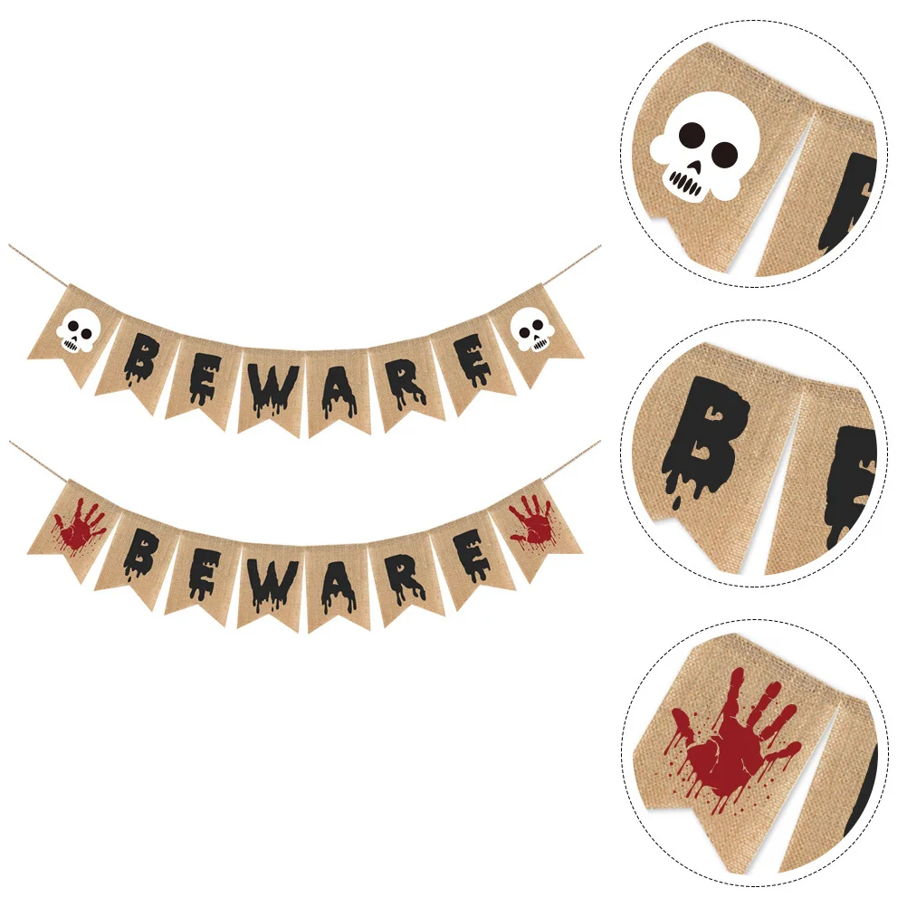 

2Pcs Halloween Burlap Bunting Banner Festive Decor Beware Hanging Party Decoration Fine Structure Mantel Wall