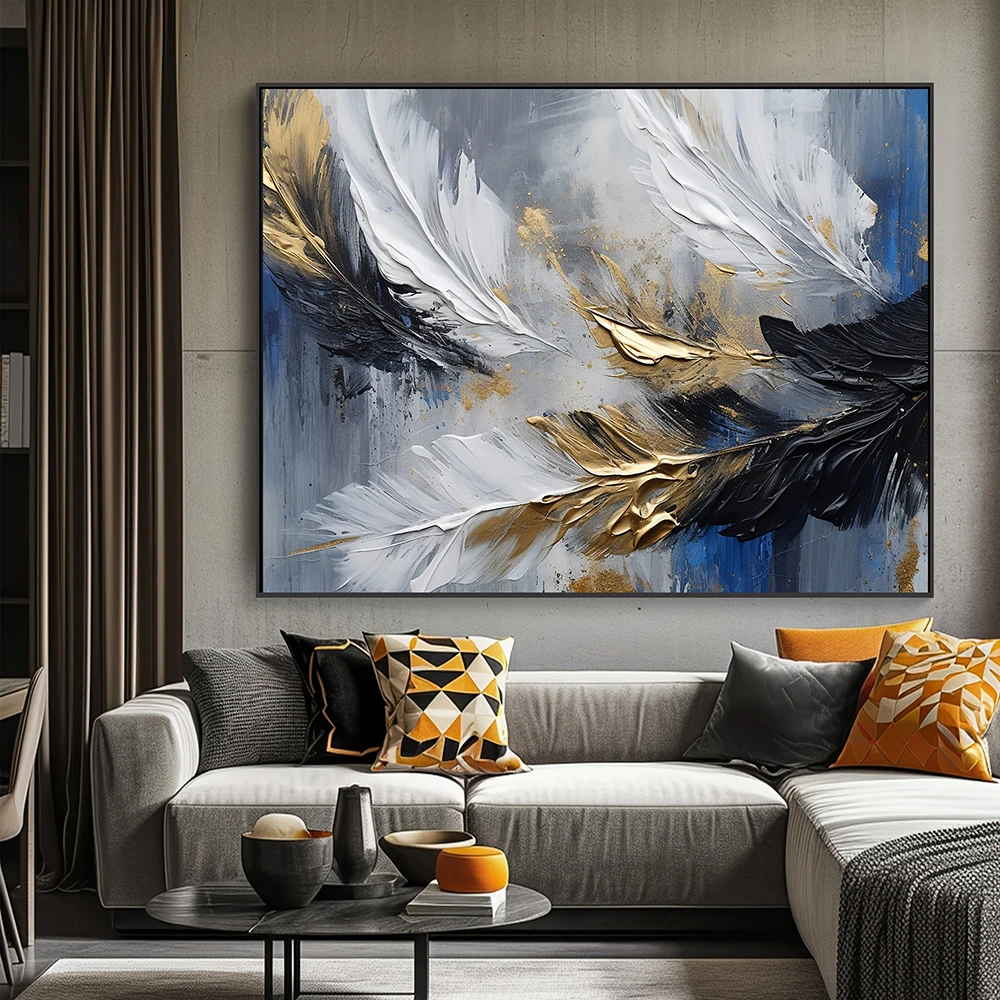 Frameless Modern Abstract Paintings-Gold-Element-Feathers-Wall Art Modern Canvas Poster for Bed Room And Living Room Decoration