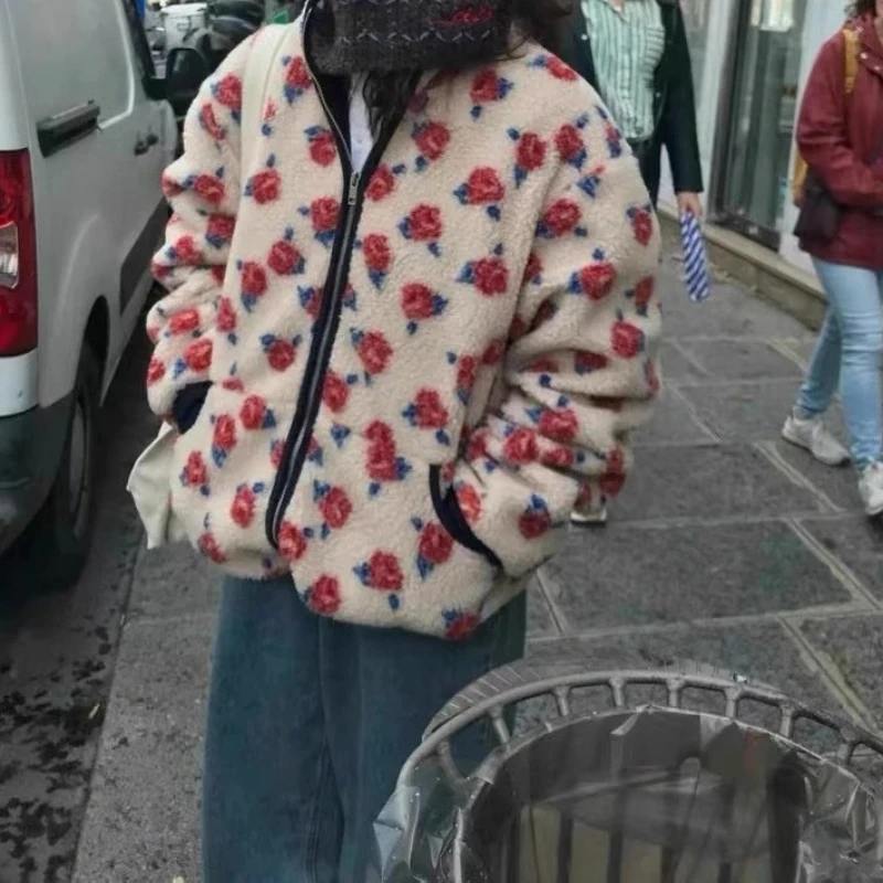 Kurtka zimowa 2025 New Rose Shake Fleece Retro Ciepła Rozpinana Casualowa