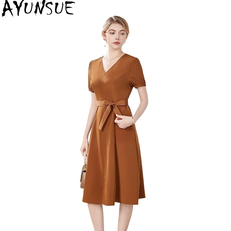 

AYUNSUE 100% Mulberry Silk Midi Dress Women Clothes Elegant Women's Dresses Fashion Summer Dress 2024 Lace-up Vestido Mujer