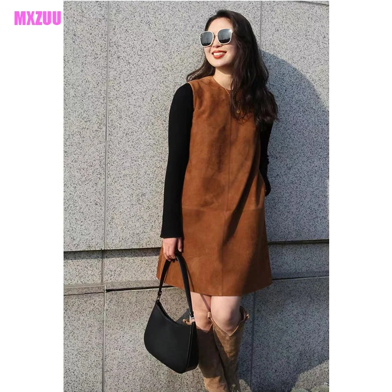 Women’s Retro Kid Suede Dresses Spring Autumn Round Neck Real Sheepskin Sleeveless Jacket Straight Casual Versatile Vest Vestido