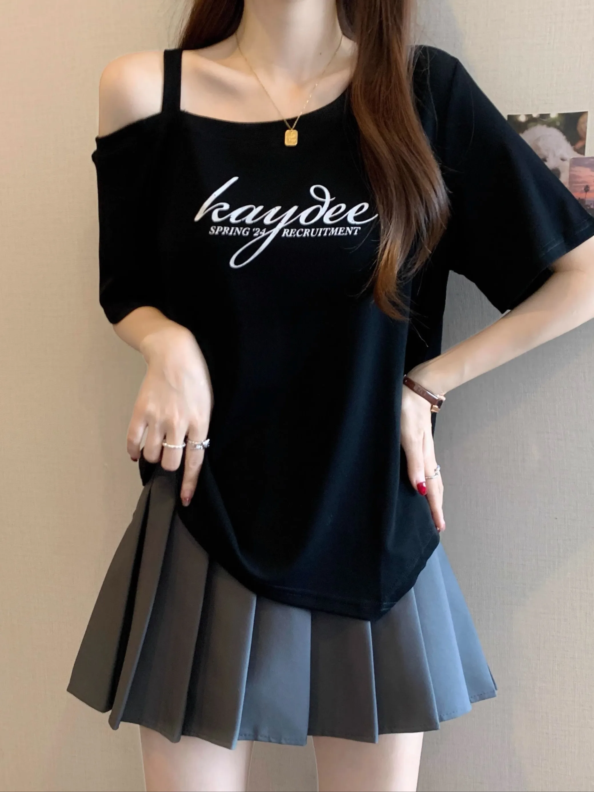 Slimming Effect Ultra-Violet Shoulder Bared Short-Sleeved T-Shirt for Women plus Size Irregular Korean Style Commute Fashion