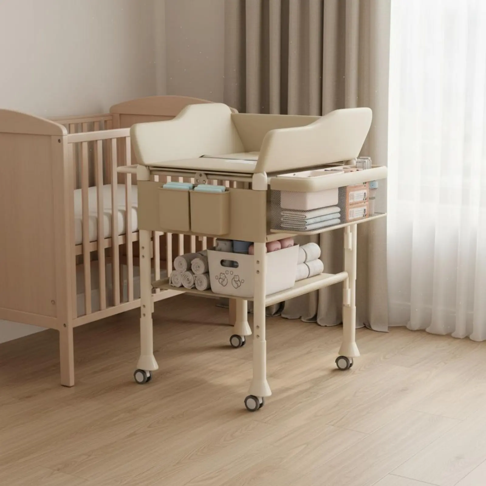 Baby Bath Changing Table Combo 2 in 1 Height Adjustable Baby Care Table Rolling Changing Station Easy to Fold Nursery Furniture