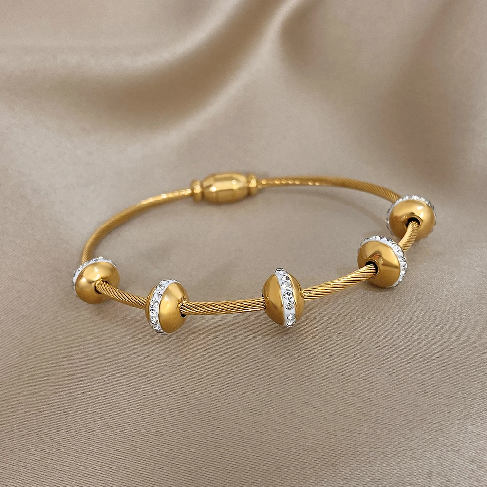 

Freetry Elegant Inlaid Beaded Stainless Steel Bracelet Bangle For Women Gold Color Waterproof Adjustable Stackable Jewelry