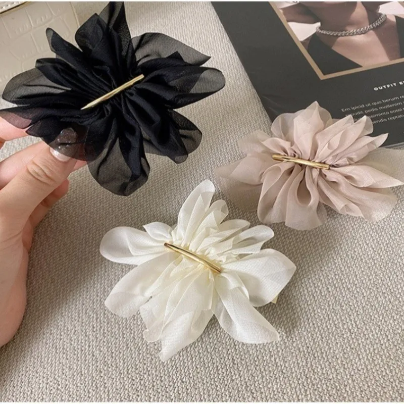 Fashion Chiffon Mesh Flower Hair Clips Pins Women Girl Large Fairy Ponytail Holder Barrette Bridal Elegant Headwear Decoration