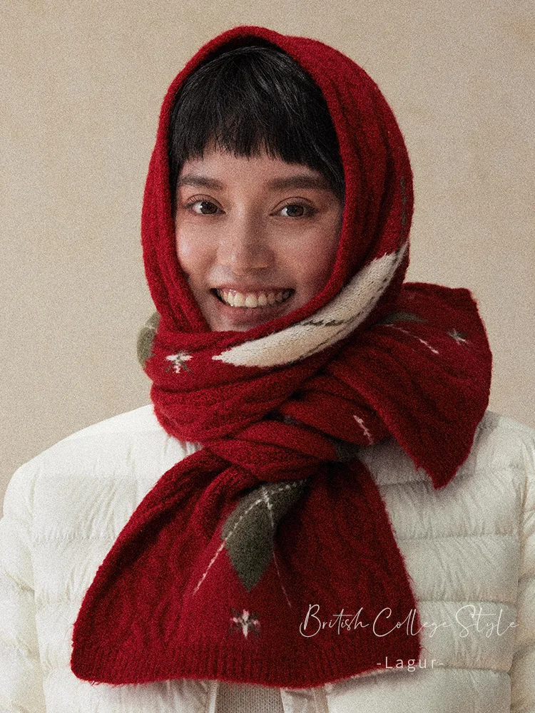 Vintage Diamond Plaid Wool Scarf for Women – Preppy Retro, Warm Thick Knit, Red/Green, 60% Acrylic+7% Wool, Winter Essential