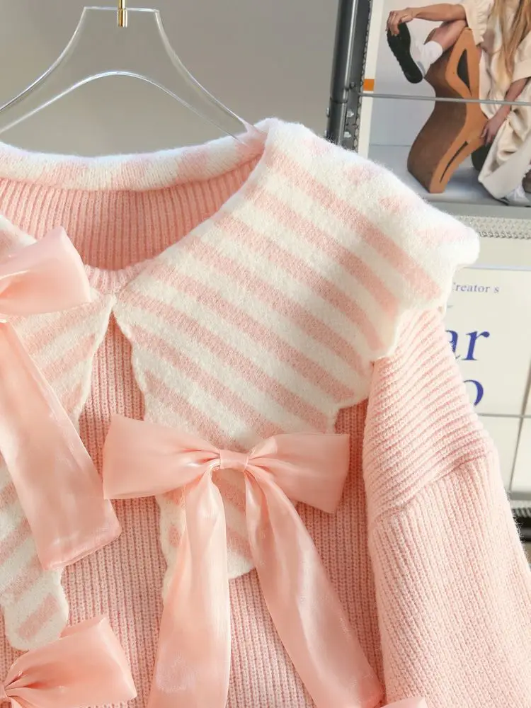 Loose Doll Neck Sweater Pullover Sueter Mujer Winter Clothes Women Pink Bow Striped Knitted Tops Korean Fashion Pull Femme