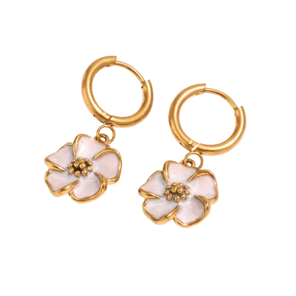 Süße rosa-weiße Emaille-Blumen-Ohrringe, goldfarbener Edelstahl, Blumen-Huggie-Creolen, baumelnde Ohrringe, Damen-Party-Geschenk – Detail 6