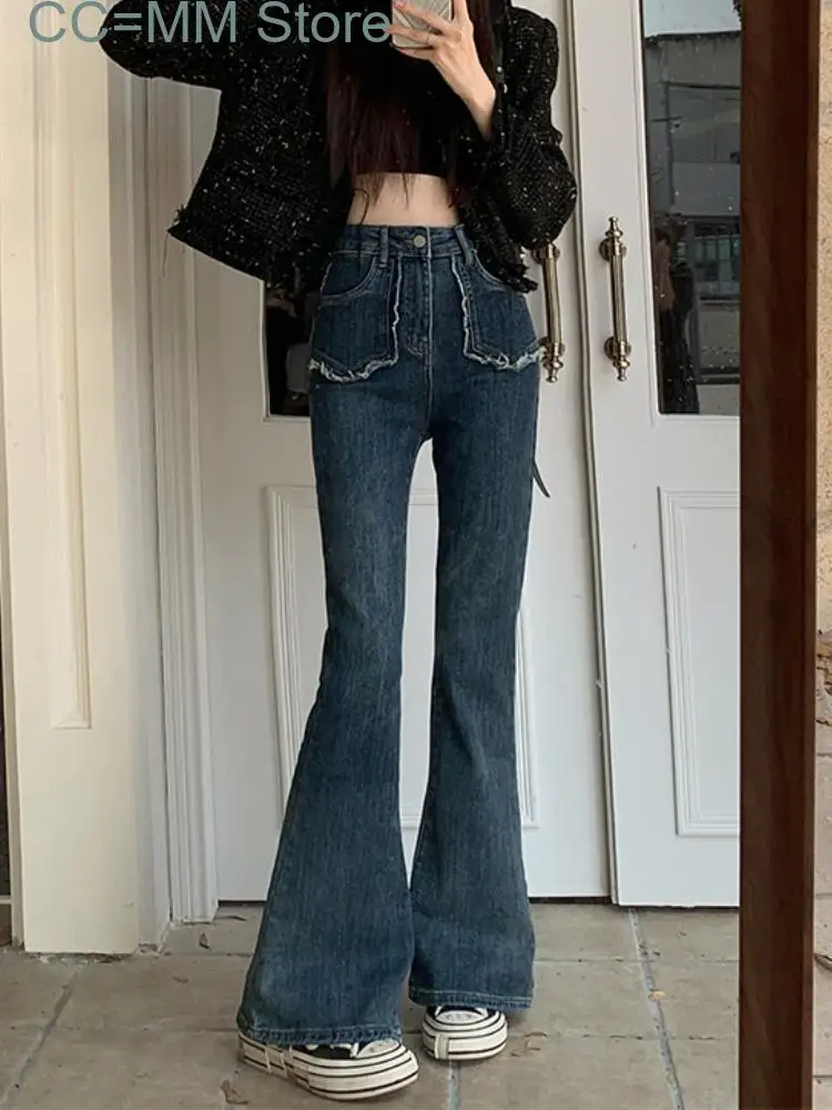 Nuovi jeans vintage a vita alta donna moda coreana pantaloni svasati slim casual pantaloni in denim chic Harajuku solidi femminili autunno