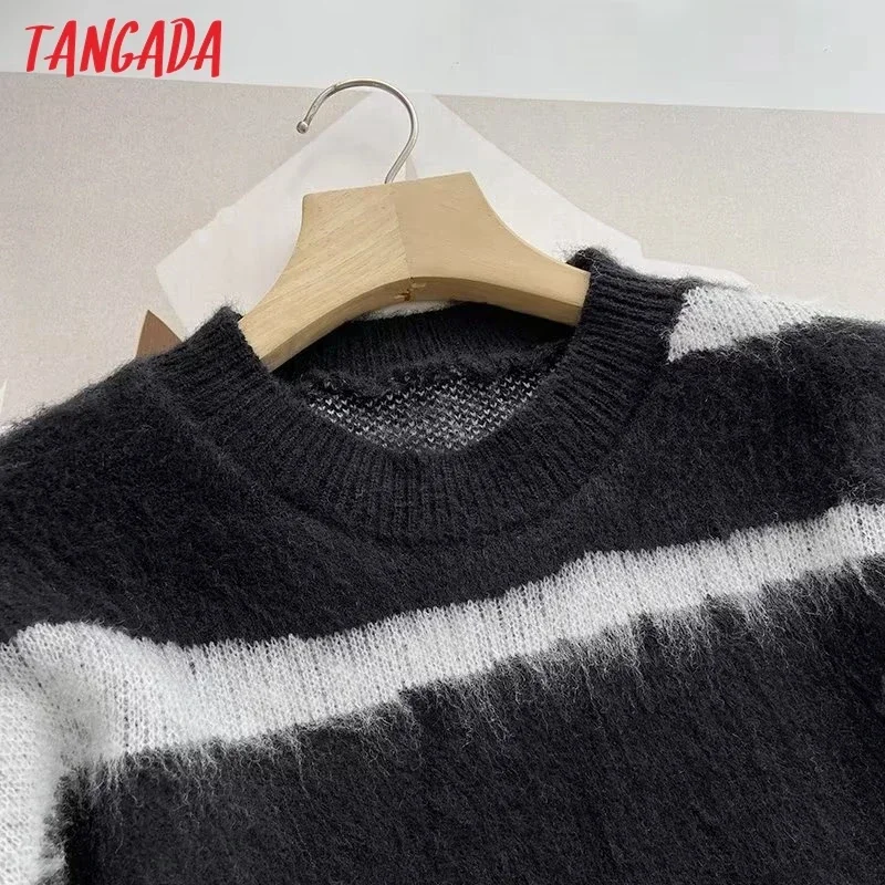 Tangada Women 2023 Fashion Jaquard Oversized Knitted Sweater Jumper O Neck Female Pullovers 4R14