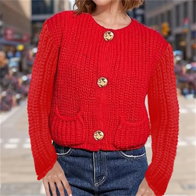 Womens Chunky Crochet Knit Cardigan Long Sleeve Crewneck Button Down Crop Knit Tops Trendy Fall Sweater with Pockets