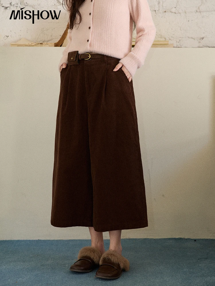 

MISHOW Women's Brown Casual Corduroy Cropped Pants 2025 Winter Retro Wide-leg High-waist Belt Loose Trousers Woman MXE86K1123