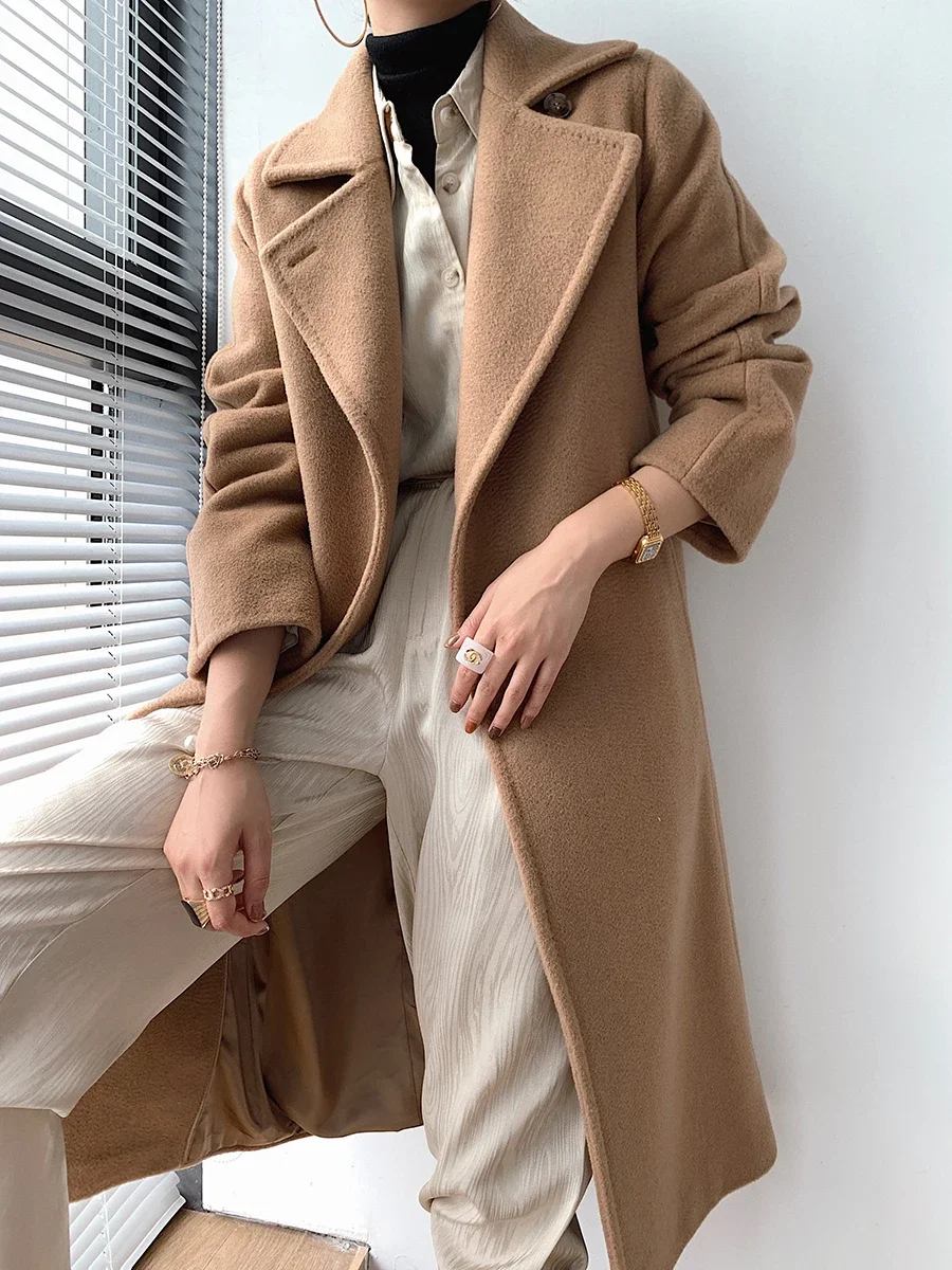 Classic High-end Hepburn Feng Shui Ripple 100% Camel Cashmere Coat with Lace-up Slim Fit Medium-length Woolen Coat for Women