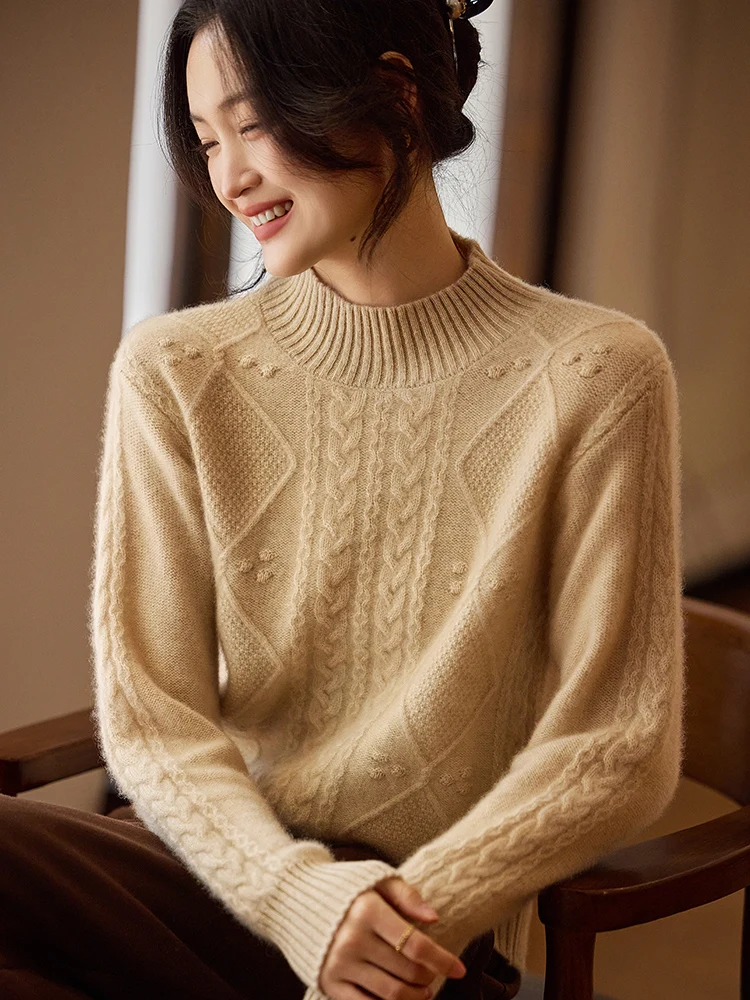 

100% Merino Wool Sweater Women Autumn Winter Pullovers Mock-Neck Hollow Long Sleeves Cashmere Knitwear Basic Comfy Bottom Shirt