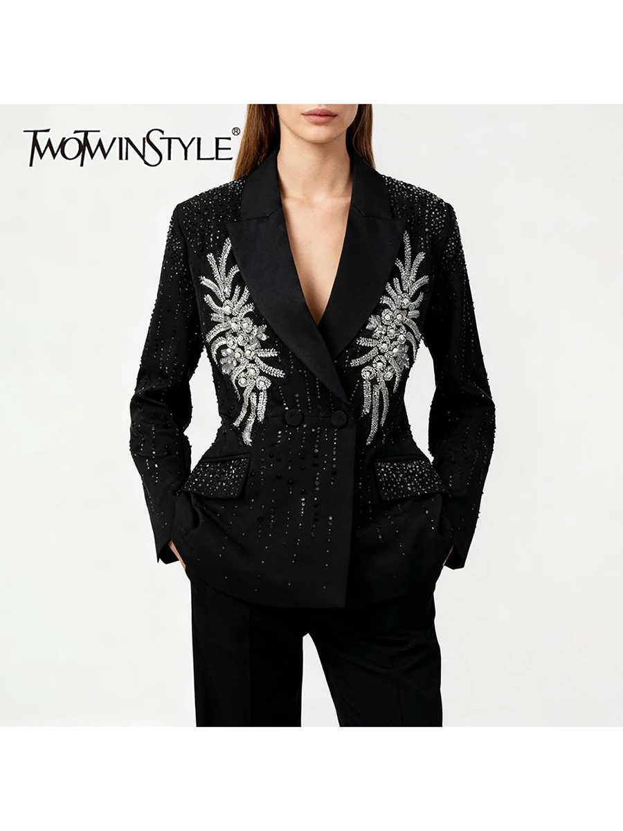 

TWOTWINSTYLE Fashion Slimming Spliced Hot Fix Temperament Blazers for Women Lapel Long Sleeves Patchwork Beading Blazer Female