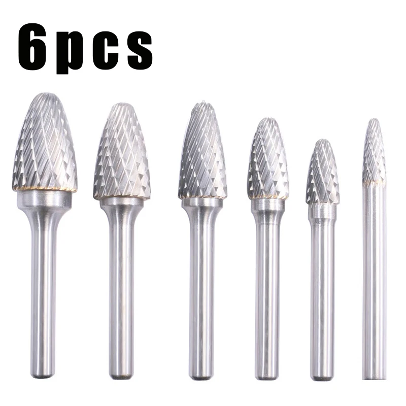 6pcs Head Tungsten Carbide Rotary file Tool Drill Milling Carving Bit Tools Point Burr Die Grinder Abrasive Tool Alloy head