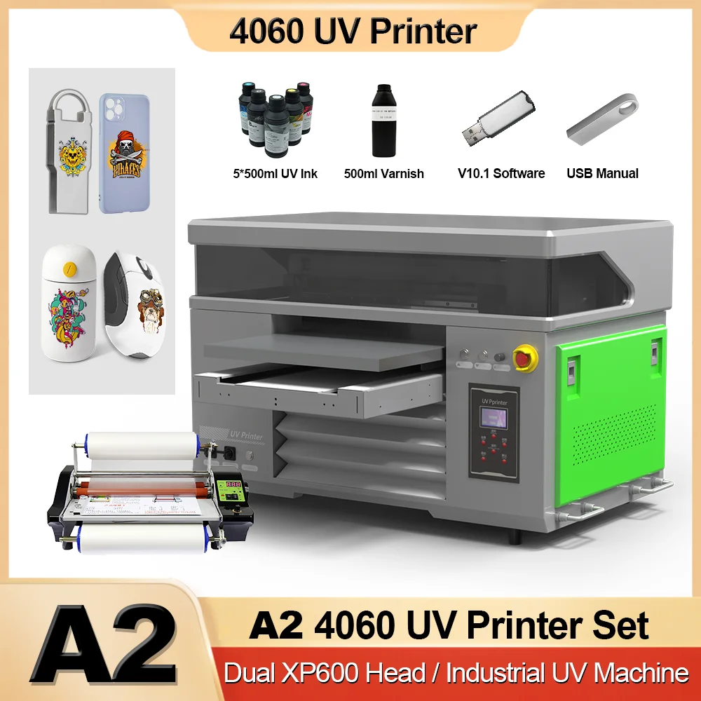 A2 UV Flatbed Printer 4060 Dual XP600 Printhead Professional UV DTF Printer For Bottle Phonecase Metal Acrylic Wood Cups Glass