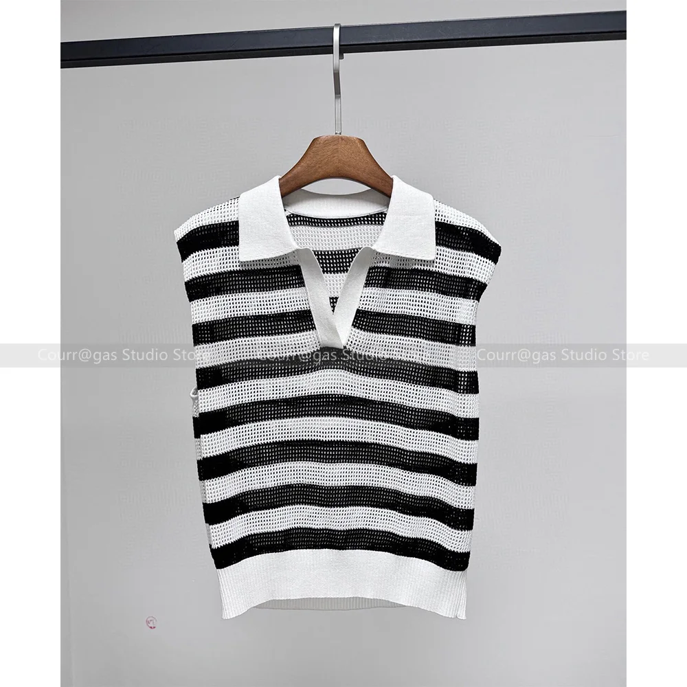 

Women's 24 autumn new POLO collar hollow sleeveless striped loose knit sweater tank tops