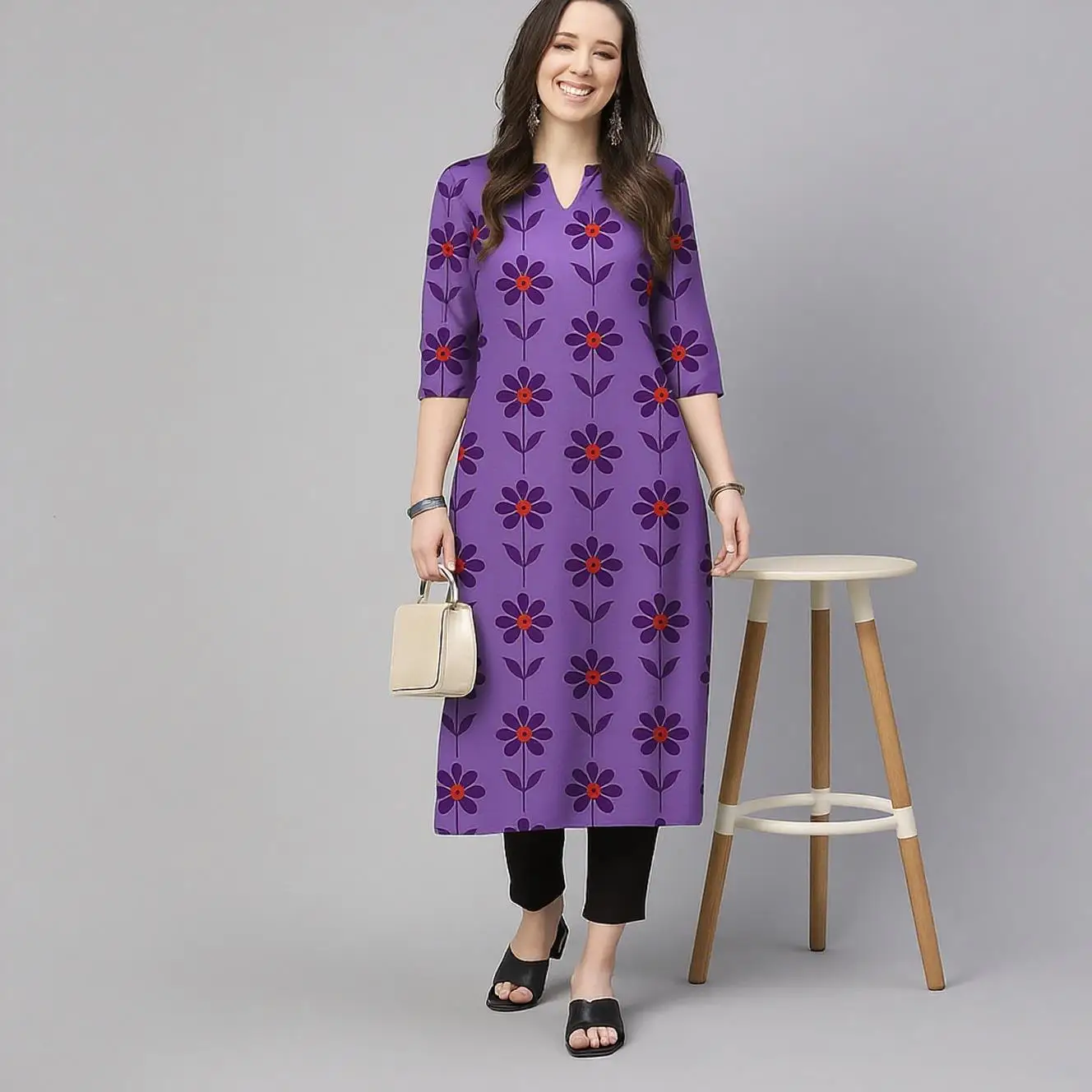 

Женское повседневное платье Курта в национальном стиле, прямое повседневное платье Курта с этническим цветком, мандарина, 3D дизайн, подходит для женщин, Абая, мусульманская