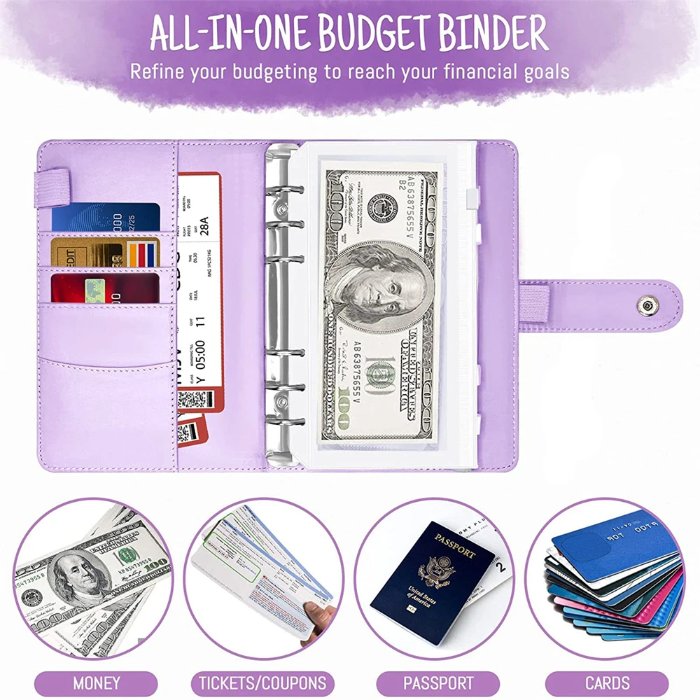 A5 Budget Binder Finance Planner with 12 Pcs Cash Envelopes,Macaron PU Leather Refillable Notebook Stationery Zipper Bag Pocket