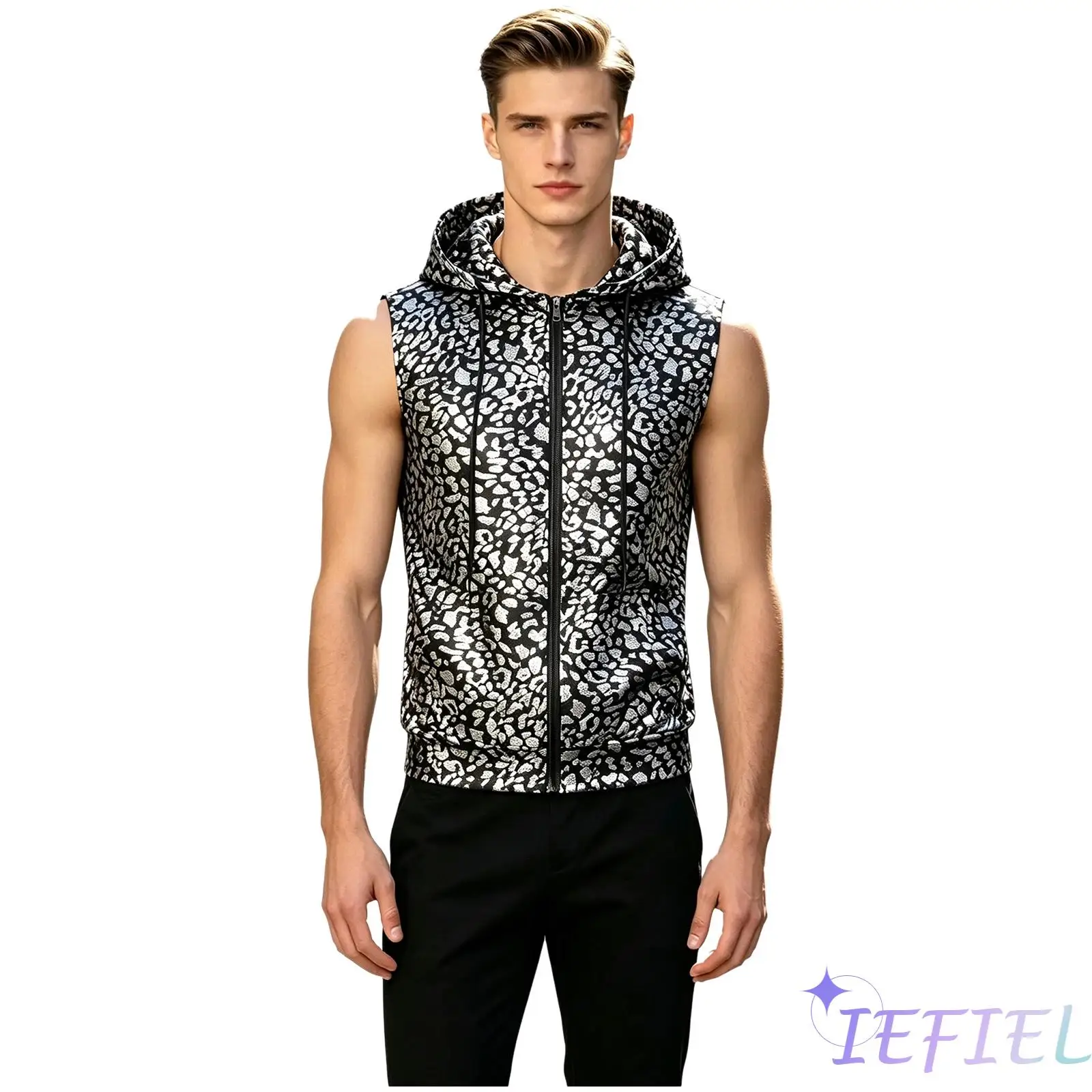 Unisex Metallic Leopard Hoodie Vest Sleeveless Zipper Tank Top for Casual Daily Disco Party Club Rave Concert Music Festival