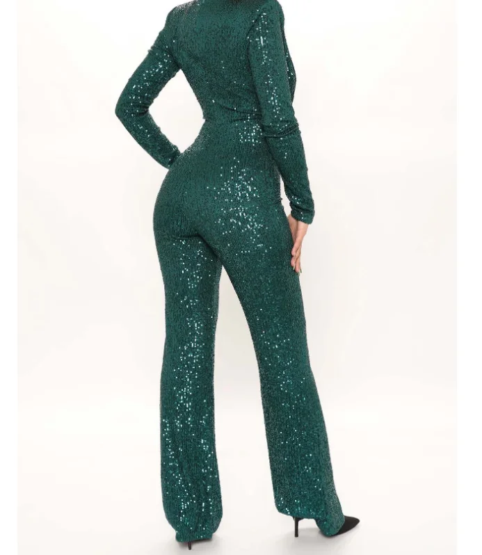2023 Jumpsuit Women Sexy V Neck Sequins Long Sleeve Casual Female High Waist Playsuit Elegant Ladies Party Romper
