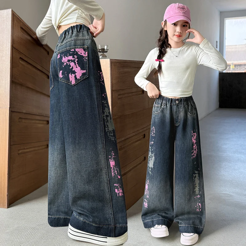 

Girl Jeans Ages 4-14Y Teen Loose Denim Teenage Child Vintage Trouser Toddler Fashion Drawing Denim Streetwear Kid Y2k Long Pants