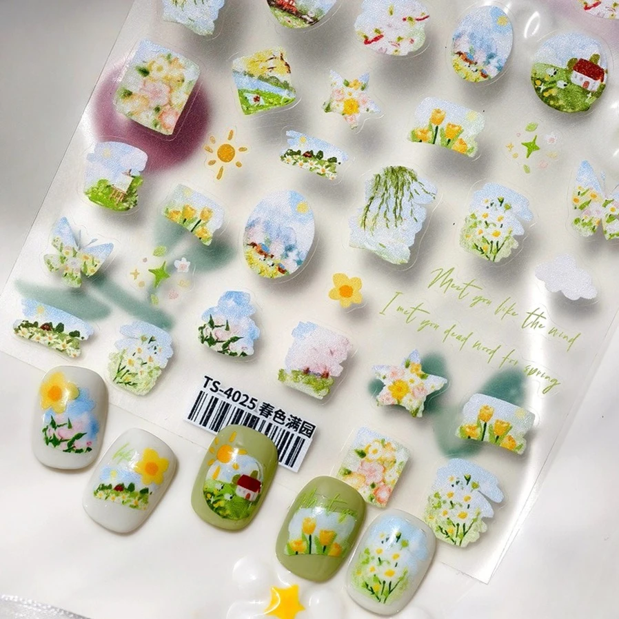

Painting Sketch Tulip Daisy Willows Scenery Daisy Colorful Flowers Sun Star Butterfly Wicker 3D Nail Art Stickers Manicure Decal